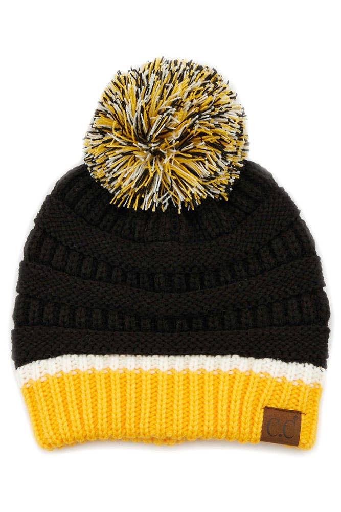 Black/Gold Sports Color Ribbed Beanie With Pom